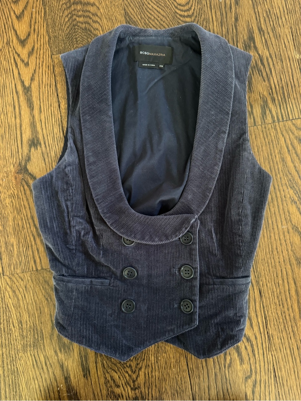 BCBGMaxAzria Navy Corduroy Double-Breasted Shawl Collar Vest